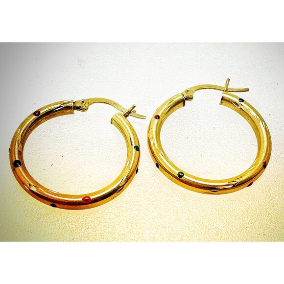 14k Gold Hoop Earrings with Enamel Accents Classic 2.45 Grams 1” Diameter - Picture 1 of 5